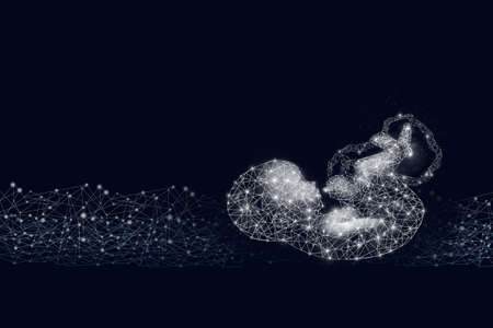 Fetus concept. Pregnant hologram image show baby or fetus development on dark blue background. Concept motherhood.の写真素材