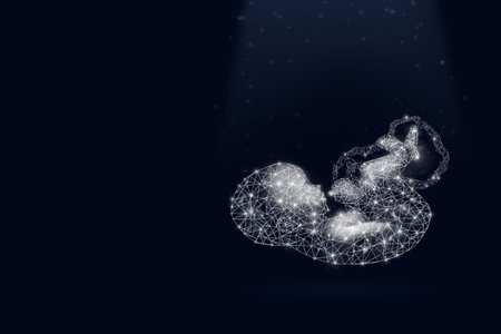 Genetic engineering, surrogacy, embryology. A hologram of a baby on dark blue background, genetic analysis in pregnancy planning. Concept of pregnancy, maternity, artificial fertilizationの写真素材