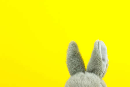 Gray Toy Bunny Ears. Cute rabbit's ears on the Yellow. Easter backgroundの写真素材