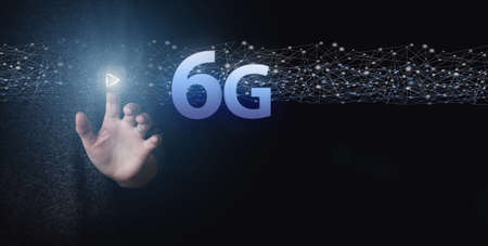 Hand Touch 6G network digital hologram and internet of things. 6G network wireless systems. 6G New...