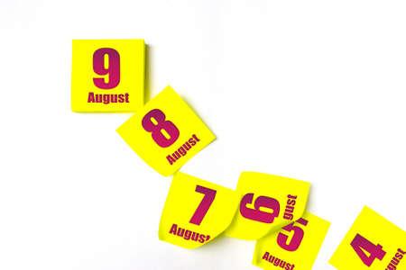 August 9th. Day 9 of month, Calendar date. Many yellow sheet of the calendar. Summer month, day of the year conceptの写真素材