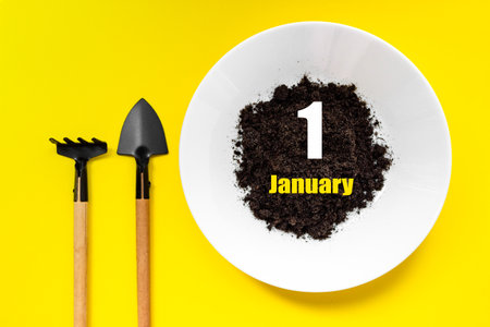 January 1st. Day 1 of month, Calendar date. White plate of soil with a small spatula and rake on yellow background. Winter month, day of the year conceptの写真素材