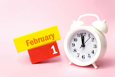 February 1st. Day 1 of month, Calendar date. White alarm clock on pastel pink background. Winter month, day of the year conceptの写真素材