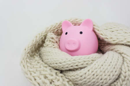Piggy bank and knitted scarf. Energy saving concept. Concept of paying for heating in homeの写真素材