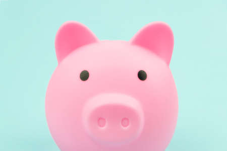 Close up pink piggy bank on blue background. Finance, saving money concept.の写真素材