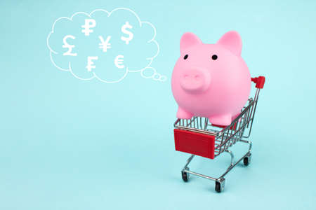 Piggy Bank Inside Shopping Cart with digital hologram hologram world currencies in cloud thought above his head on blue background. The concept of saving money on shopping.の写真素材