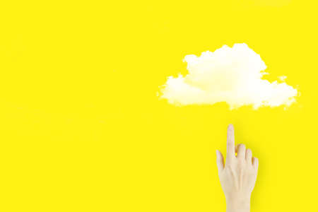 Cloud computing technology internet concept. Young woman's hand finger pointing with hologram...
