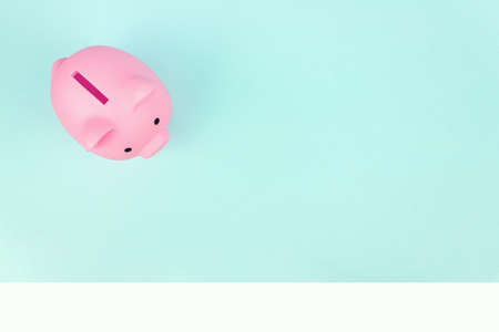 Pink piggy bank on blue background. Finance, saving money concept, financial planning of personal finances and being thriftyの写真素材