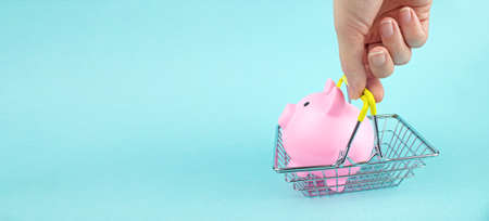Piggy bank in supermarket shopping basket with human hand on blue background, consumer saving and budget conceptの写真素材