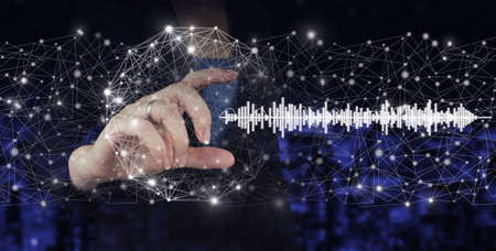 Audiobook audio technology. Digital sound track on hand. Hand hold digital hologram sound track,...