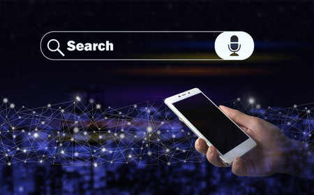 Minimal blank search bar with voice command. Hand hold white smartphone with digital hologram search...