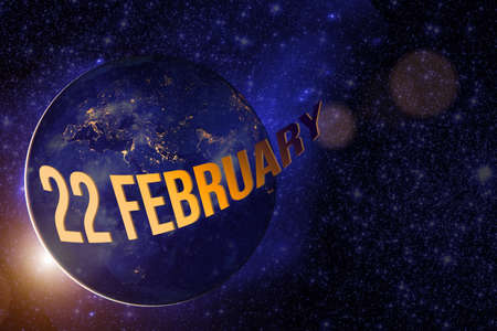 February 22nd. Day 22 of month, Calendar date. Earth globe planet with sunrise and calendar day.の写真素材