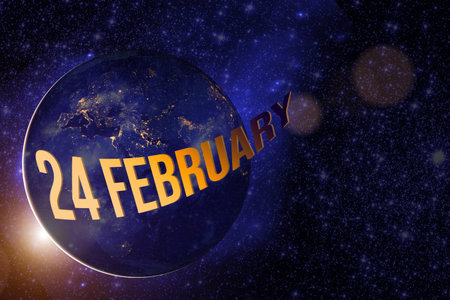 February 24th. Day 24 of month, Calendar date. Earth globe planet with sunrise and calendar day.の写真素材