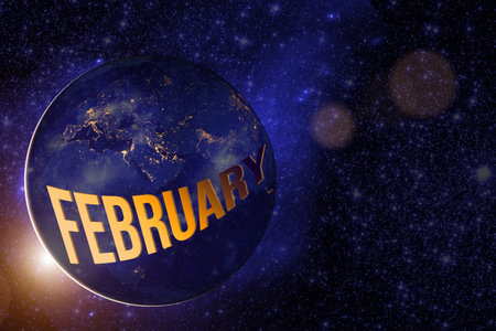 February. Month, Calendar month.Earth globe planet with sunrise and calendar day.の写真素材