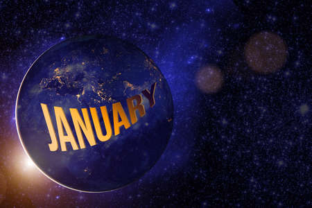 January. Month, Calendar month.Earth globe planet with sunrise and calendar day.の写真素材