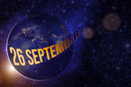 September 26th. Day 26 of month, Calendar date. Earth globe planet with sunrise and calendar day.の写真素材