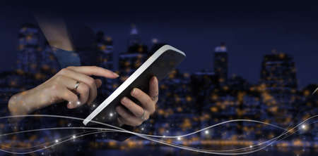 Innovative, and global network connection, Data exchanges. Hand touch white tablet with digital...