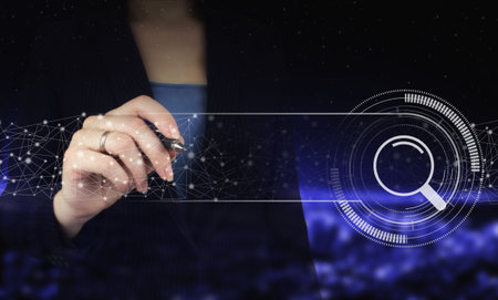 Searching information data on internet networking concept. Hand holding digital graphic pen and...