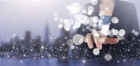 Background big data visualization futuristic technology. Hand touch digital screen hologram sign on...