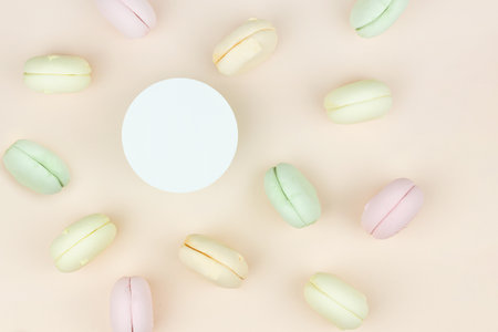 Sweet and colorful marshmallow french macaroons with round copy space. Concept of sweet dessert.の写真素材