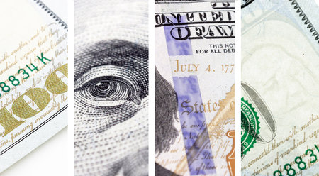 Fragments of the United States hundred dollars money bill. Dolar USA close up. Economy, savings and...