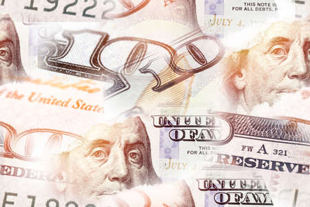 Seamless pattern United states hundred dollars money bill collage. Hundred dollars bill fragment on...