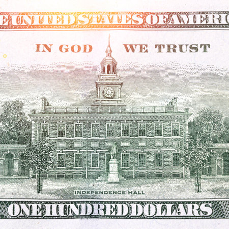Fragment of the Back side of Independence Hall on 100 one hundred dollars bill banknote. Fragment of...
