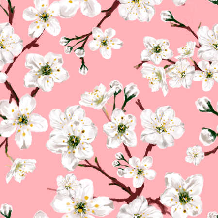 Seamless pattern with imprints cherry abstract flowers and leaves on pink background. Elegance seamless pattern with floral backgroundの写真素材