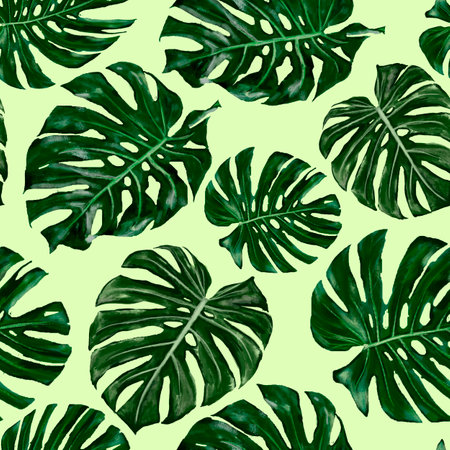 Beautiful lovely cute wonderful graphic bright floral herbal big green leaves pattern watercolor on pastel green background. Abstract green texture, nature background, tropical leaf.の写真素材