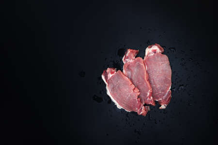 Raw beef with seasoning on dark background, Fillet steak beef meat, Fresh meat in row with spicesの写真素材