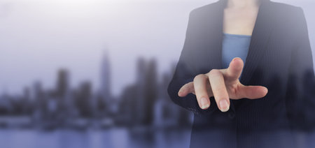 Innovation, network, big data and internet concept. Hand touching virtual screen, modern background conceptの写真素材