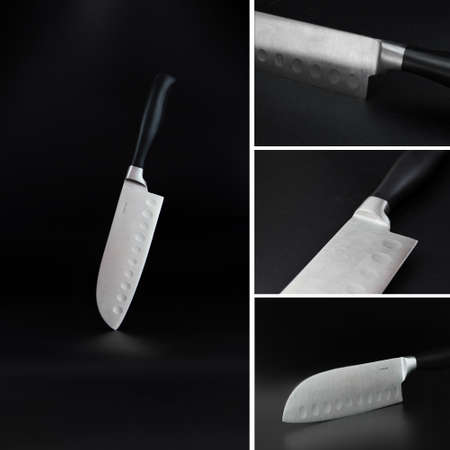 Collage knife edge, Big kitchen knife with black plastic handle on black backgroundの写真素材