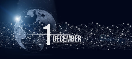 December 1st. Day 1 of month, Calendar date. Calendar day hologram of the planet earth in blue gradient style. Global futuristic communication network. Winter month, day of the year conceptの写真素材