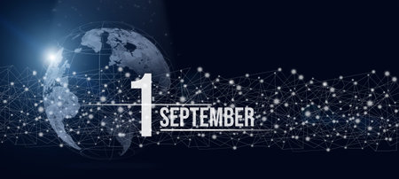 September 1st. Day 1 of month, Calendar date. Calendar day hologram of the planet earth in blue gradient style. Global futuristic communication network. Autumn month, day of the year conceptの写真素材