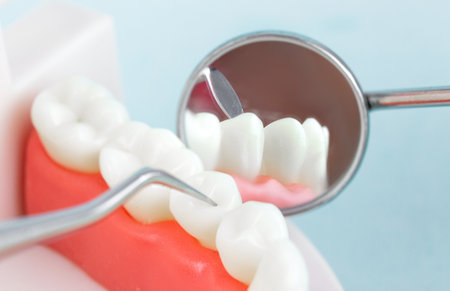 Front view of complete denture. False teeth, jaws. White teeth model and dental instruments on blue....