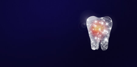 Polygonal wire frame style. Low poly tooth protection medical concept. Care for oral and dental care concept. Dental hygiene and treatment.の写真素材