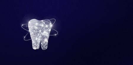 Polygonal wire frame style. Low poly tooth protection medical concept. Care for oral and dental care concept. Dental hygiene and treatmentの写真素材