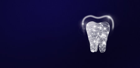 Low poly tooth protection medical concept. Protective vortex around tooth Care for oral and dental care concept. Dental hygiene and treatmentの写真素材