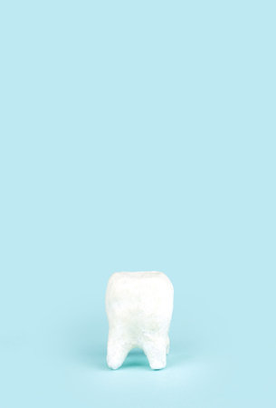 Ceramic model of tooth on blue background. Space for text.の写真素材