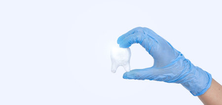Oral dental hygiene. Healthy white tooth model dentist hand in blue medical gloves.