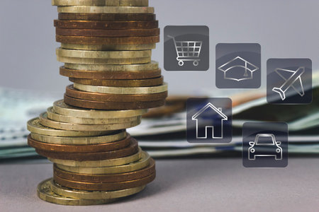Coins stack and stack of one hundred dollar bills with Digital symbol of investment for prepare in...