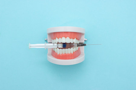 Dental Teeth Model dentures holds dentist Disposable plastic syringe. Orthodontic dental theme. Dental healthcare conceptの写真素材