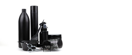 Composition with scissors, other hairdresser's accessories on white background. Professional items...