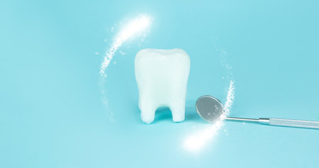Orthodontic dental theme. Dental healthcare concept. Foam vortex around white toothand dentist mouth...