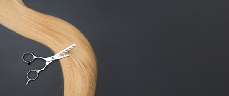 Scissors and pieces of blond hair. Professional barber hair cutting shears on black background....