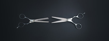 Hairdresser scissors on black background. Steel hairdresser shears. Accessories for barbershop...
