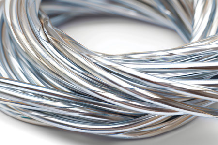 Metallic power line detail background Close-up Aluminum electrical power cable. Curve texture chill structure alloy. Steel or iron wire fence rolls coils.の写真素材