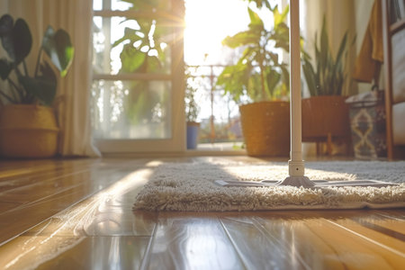 Microfiber mop pad with stick washing light laminate floor at living room. Closeup of a mop for...