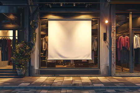 Mockup Blank billboard stand at front of entrance door of clothes shop, to convey promotional messages and seasonalの写真素材