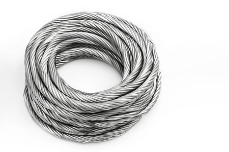 Close-up aluminum electric wire cable industry. Twisted metal wires banner. Thick aluminum wire for...